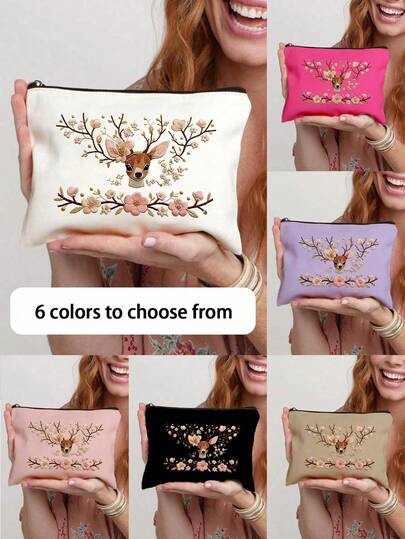 Bolsa de maquillaje con estampado de flores y ciervos 2D, bolsa de cosméticos con cremallera con elegante estampado de animales del bosque y flores, organizador de maquillaje de gran capacidad para el cuidado de la piel, artículos de tocador y accesorios de belleza, bolsa de almacenamiento de cosméticos portátil para bolso, bolso o maleta, perfecta para uso diario, viajes, vacaciones y gimnasio, regalo estético para niñas, mamá y amigos para cumpleaños, Día de la Madre, San Valentín, Navidad