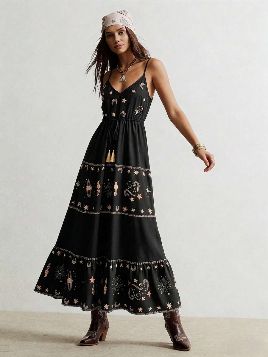 Rusttydustty Vestido largo estampado de estilo bohemio, adecuado para fiestas y uso en vacaciones, elegante - Negro - Ver 1