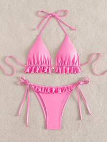 Swim Mod Women's Swimsuit, Two-Piece Bikini Set With Halter Neck, Ruffles And Bow In Solid Color For Summer - 玫瑰 - 查看 4
