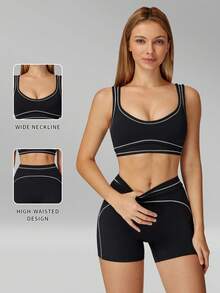 MFVIM 春夏运动文胸短裤套装，女士休闲运动服，撞色设计提腰显瘦，高腰短裤+修身上衣，弹性腰带+可调节肩带，轻盈透气，适合瑜伽、跑步、健身、居家、户外、慢跑、骑行、普拉提、健身房锻炼等。 - 黑色 - 查看 4