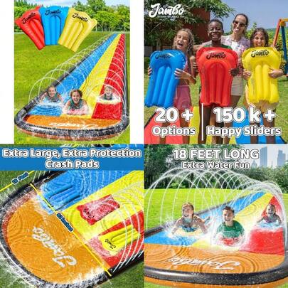 JAMBO - Salpicaduras y tobogán de triple carril de 55 m con 3 bodyboards con aspersor envolvente integrado para patio trasero diversión acuática al aire última intervensión para niños