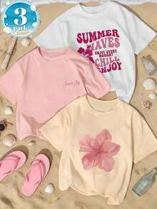3pcs/Set Summer New Minimalist Fashion Cute Floral Print Round Neck Short Sleeve T-Shirt, Versatile Daily Casual Wear For Women White - 草綠色,海軍藍和杏色 - 查看 1