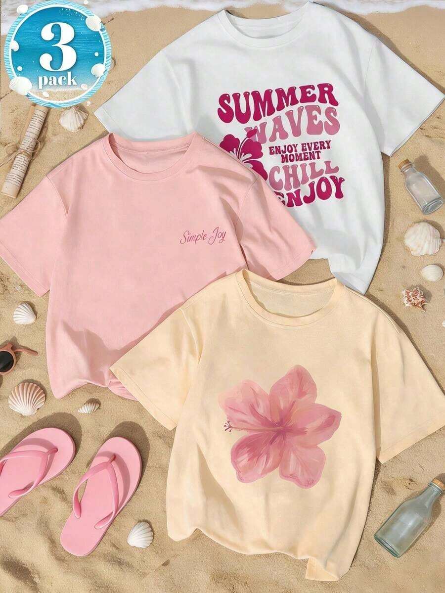 3pcs/Set Summer New Minimalist Fashion Cute Floral Print Round Neck Short Sleeve T-Shirt, Versatile Daily Casual Wear For Women White - 草綠色,海軍藍和杏色 - 查看 1