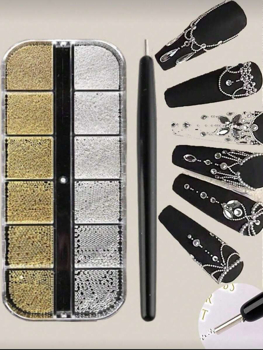 12格美甲珠飾套組,含1個磁吸拾取器、3D金屬魚子珠、混尺寸水鑽美甲飾品、金屬迷你魚子珠、水晶美甲裝飾DIY配件,美甲飾品 - 彩色 - 查看 1