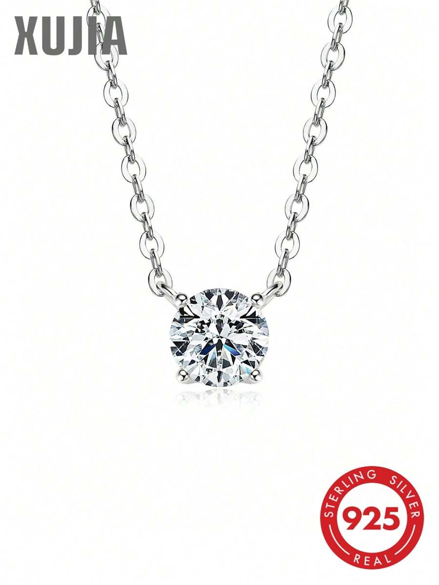 XUJIA 1 件 0.3 克拉/0.5 克拉经典圆形莫桑石项链，4 毫米/5 毫米，925 纯银链，40+5 厘米，女士珠宝，周年纪念/生日礼物