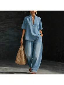 2026"Effortless V-Neck Denim 2pcs Set"| Short-Sleeve Loose Top& Wide-Leg Jeans, Perfect For Commute& Laid-Back Daily Style - Light Blue - 查看 3