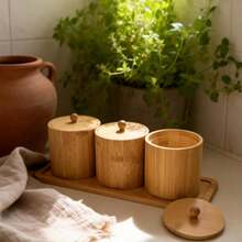 Bamboo Condiment Jar Spice Container With Lids And Spoon And Tray Best Cruet Pot For Your Home, Kitchen, Counter., Set Of 4 - Wood Color - View 7