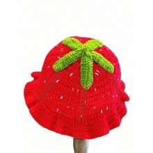 1pc Women's Handmade Crochet Strawberry Pattern Bucket Hat, Bohemian Style Hollow Out Ruffled Cute Knitted Cap, Breathable Foldable Casual Hip Hop Hat - 紅色 - 查看 10