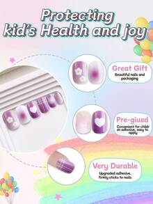 NAIO 24pcs Kids Press On Nails, Purple Gradient Flower Heart Plaid Full Cover False Nails Colorful Full Cover Short False Nails For Girls, Cute Mixed Pattern Wearable Nail Kit With Storage Box & Nail File - Multicolor - View 3