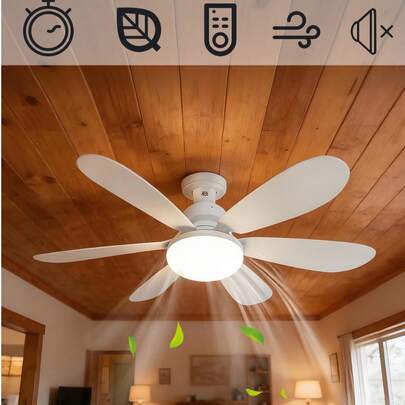Işıklı ve Uzaktan Kumandalı LED Tavan Vantilatörü, 6 Kanatlı, E27 Ampul, 40W Kısılabilir LED Tavan Vantilatörü, Yatak Odası ve Oturma Odası İçin Uygun, 6 Kanat, 3 Rüzgar Hızı, Zamanlayıcı, Gece Lambası Fonksiyonu