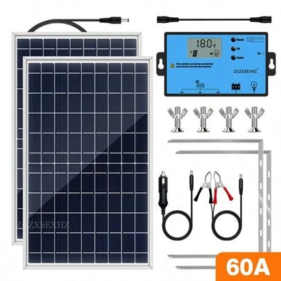 ZGZXSEXHZ 2 PIEZAS/3 PIEZAS Panel solar portátil para exteriores de 10W con soporte ajustable, controlador de carga solar opcional de 60A, salida de 18V, adecuado para luces de jardín, vigilancia, vehículos, teléfonos, cámaras, campamento, casas de mascotas y pequeños sistemas de energía