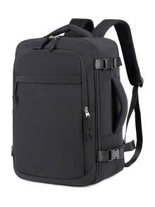 1pc Large Capacity Grey Travel Laptop Backpack. Durable Water-Resistant Nylon Commuter Backpack With Luggage Strap And Multi-Compartment Design. 180° Wide Opening Large Capacity Bag With Separate Laptop Compartment. - Black - View 3
