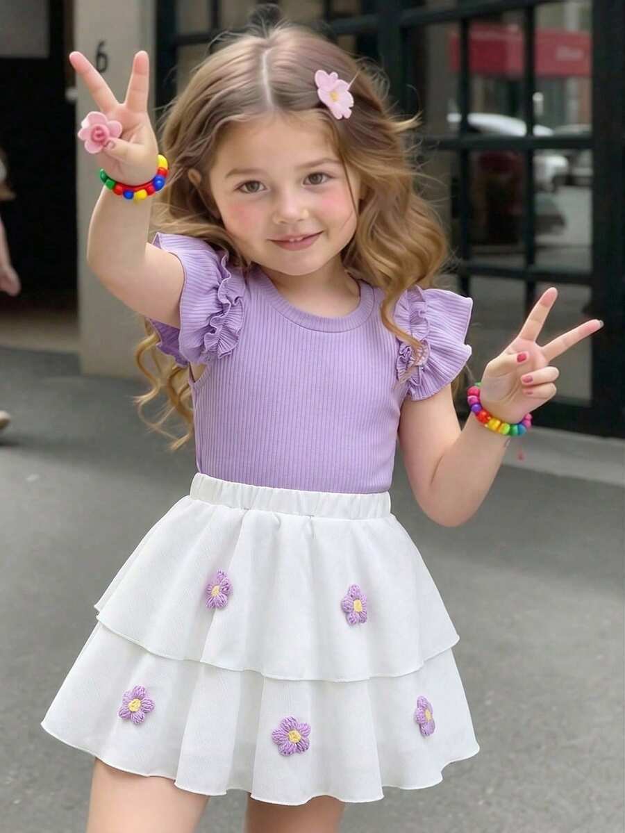 女童碎花短袖背心上衣和层叠半裙两件套，优雅甜美风格 - 淡紫色 - 查看 1