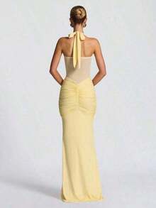 Spaghetti Strap Backless Waist Cinched High Slit Dress, Mesh Patchwork Vacation Party Dress Women's Fishtail Slip Dress Elegant Long Prom Dress Spring & Summer100% Cotton - 黃色 - 查看 2