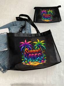 大容量網格沙灘托特包，印有「Summer Vibes」圖案，可折疊輕便防水防沙肩背托特包，透氣可重複使用，附贈配套化妝包，多功能收納包，可存放毛巾、防曬霜、泳衣、零食和化妝品，時尚夏季度假包，適用於海灘、郵輪、泳池、野餐、健身房、工作和其他場合，生日、節日、返校的完美禮物 - 彩色 - 查看 7