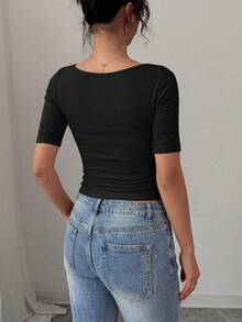 PRETTYGARDEN Womens Summer Short Sleeve Tops Boat Neck Ribbed Knit Slim Fit T Shirt Casual Basic Top Y2K Clothes - 深黑 - 查看 2