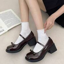 Zapatos de mujer niujin Zapatos Mary Jane con lazo estilo coreano, nuevo modelo de otoño, zapatos de mujer de tacón grueso con puntera cuadrada y cierre, perfectos para combinar con uniformes de instituto - Marrón - Ver 1