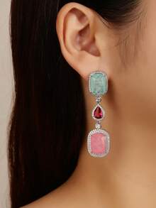 1 Pair Gorgeous Colorful Geometric CZ Drop Earrings, Copper Setting, Jewelry For Evening Dresses, Weddings & Parties - Drop Earrings - View 2