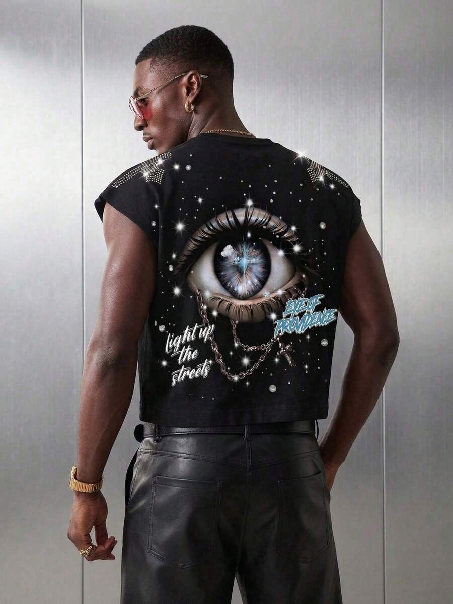 Áo thun nam không tay dáng rộng vai, in hình chữ "Mắt Thần" đính đá giả, phong cách mùa hè, thể thao, đường phố, gothic punk, chất liệu mềm mại. - màu đen - Xem 1