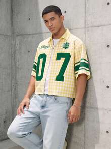 Men's Plaid "LEGEND 07" Numeric Badge Print Short Sleeve Shirt - Yellow - View 4