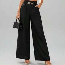 Women's High-Waisted Wide-Leg Pants With Gold Chain | Linen Style | S To L | New Release - Black - View 5