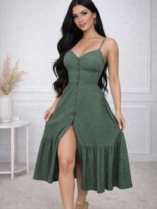 Women's Long Dress With Button Front, Ruffled Straps, Sleeveless Tank Top Dress With Buttons, Ruffled Style, Elegant Party Dress - Green Poa - View 1