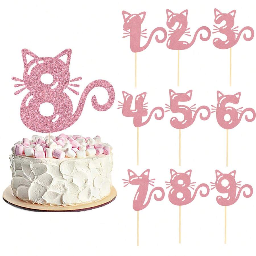 Decoración para tarta de cumpleaños de gato, de 1 a 9 años, de material de papel sin batería y para mascotas, con diseño de silueta de gato rosa, adecuado para fiestas de mascotas y celebraciones con temática de gatos, decoración de tarta - Rosa - Ver 1