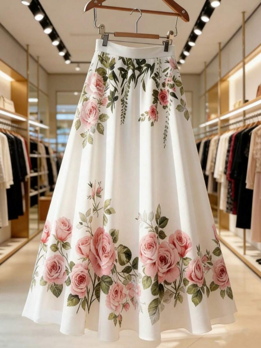 French Rose Print A-Line Skirt, Slimming & Flared White - White - View 1