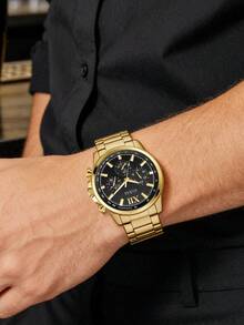 Guess 1 chiếc đồng hồ nam đa chức năng chạy bằng pin thạch anh - Vỏ và dây đeo bằng thép không gỉ mạ vàng 44mm, mặt số đen và dây đeo bằng thép không gỉ mạ vàng, khả năng chống nước 50M, phụ kiện thời trang - GW0900G3 - màu đen - Xem 4