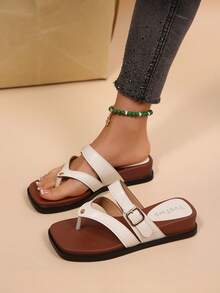 Summer Retro Square Toe Thick Bottom Slip-On Sandals, Casual Beach Holiday Daily Wear - White - View 1