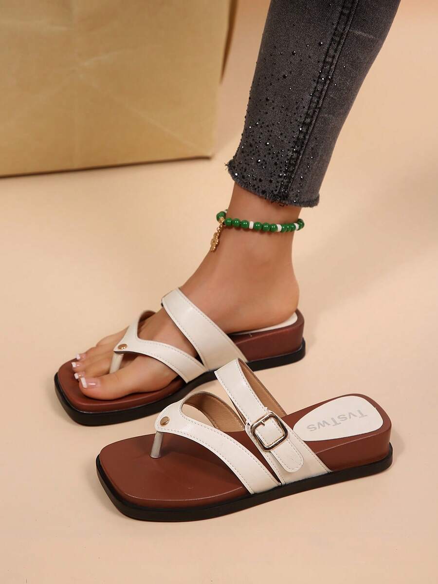 Summer Retro Square Toe Thick Bottom Slip-On Sandals, Casual Beach Holiday Daily Wear - White - View 1
