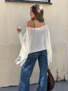 2026夏季新款白色钩针流苏针织毛衣上衣，独特流苏细节，常规长度，柔软舒适，海滩度假风 - 白色 - 查看 3