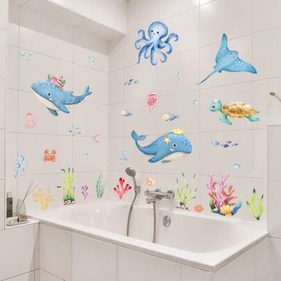 Bộ 2 miếng dán trang trí nhà tắm, bồn rửa mặt, kích thước 11.81*23.62 inch, hình cá mập, sứa, rùa (phụ kiện không thể thiếu mùa hè)