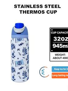 O-Wa-La Blue Cat Water Bottle 32oz, 945ML, With Straw, Heat Preservation Time More Than 24 Hours, Cold And Hot Water Can Be Insulated, Can Make Coffee, Frozen Drinks, Exquisite Workmanship, Suitable For Camping, Work, Indoor And Outdoor Use. - 藍色 - 查看 3