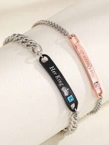 2件套情侣手链套装，刻有“他的女王”和“她的国王”字样的锆石手链，浪漫情侣礼物 - 銀色 - 查看 9