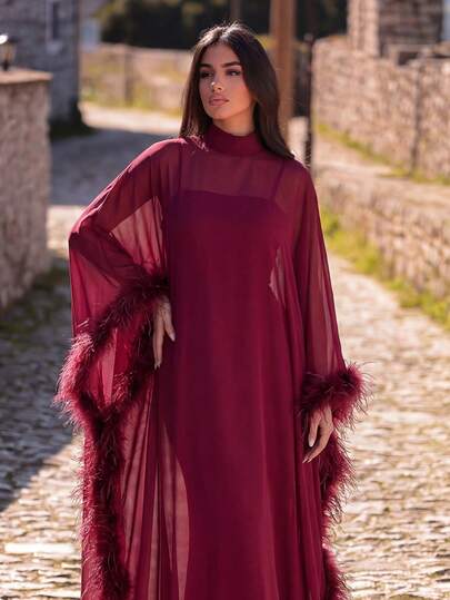 Faeriesty Women's Burgundy Semi-Sheer Arabian Dress With Stand Collar And Batwing Sleeves, Fall Fashion Kaftan For Elegant Occasions , Gala Dinners