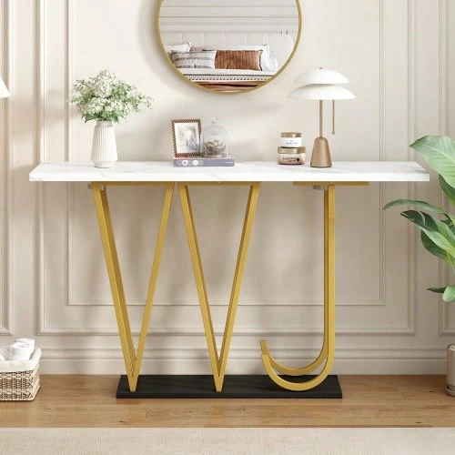 Hallway Table (1 Piece) 120 X 29.5 X 80 Cm Dining Table, Kitchen Table, Balcony Table, Wooden Dining Table, Tabletop With Marble Look - White - View 1