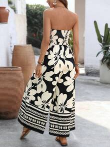 Women's Sleeveless Strapless Floral Jumpsuit With Backless Appliques And Floral Print, Suitable For Summer, Beach, Vacation - Black - View 7