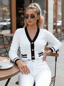 Cardigan da donna, vestibilità slim, con bottoni, tasche, maniche lunghe, scollo a V, taglio classico casual, elegante cardigan da donna, vestibilità slim. - Bianco - Visualizzare 2