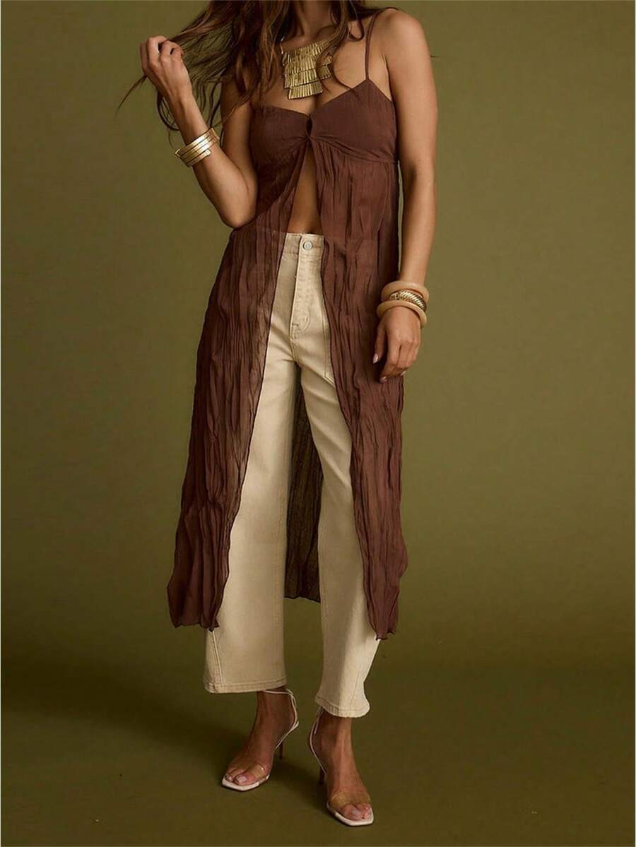 Women's Spaghetti Strap V Neck Split Front Maxi Cami Top Summer Beach Vacation Boho Top - 深棕 - 查看 1
