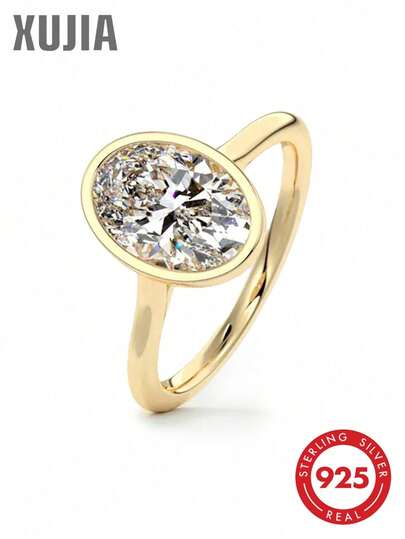 XUJIA 925 Sterling Silver 8x12mm Oval Cut Cubic Zirconia Solitaire Engagement Ring For Women