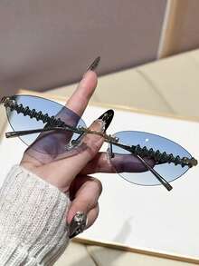 1pc Women's Rimless Edged Triangular Retro Cat Eye Small Frame Oceanic Lens, Rivet Metal Temples Hip-Hop Street Fashion Elegant Unisex Stylish Fashion Glasses, Suitable For Beach, Seaside, Vacation, Travel, Driving, Camping, Outdoor Activities - Multicolor - View 8