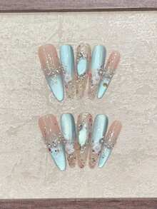 10pcs Handmade Long Stiletto Nails, Bright Blue Cat Eye, Asymmetric Transparent Colorful Glitter French Tips, Hand-Painted Small White Flowers, High Gloss, Elegant Style, Suitable For Dates And Summer Vacation, Acrylic Press-On Nail Set - Baby Blue - View 4