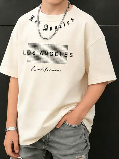1 pieza Camiseta de manga corta con estampado para niño preadolescente, ropa juvenil estudiantil, top de verano para niños