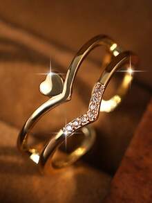 1pc Elegant Double-Layer Arrow Heart Single Rings Casual Micro Inlay Cubic Zirconia Minimalist Ring Suitable For Women Daily Commute Graduation Engagement Copper Jewelry For Mother's Day Gift - Heart - View 3