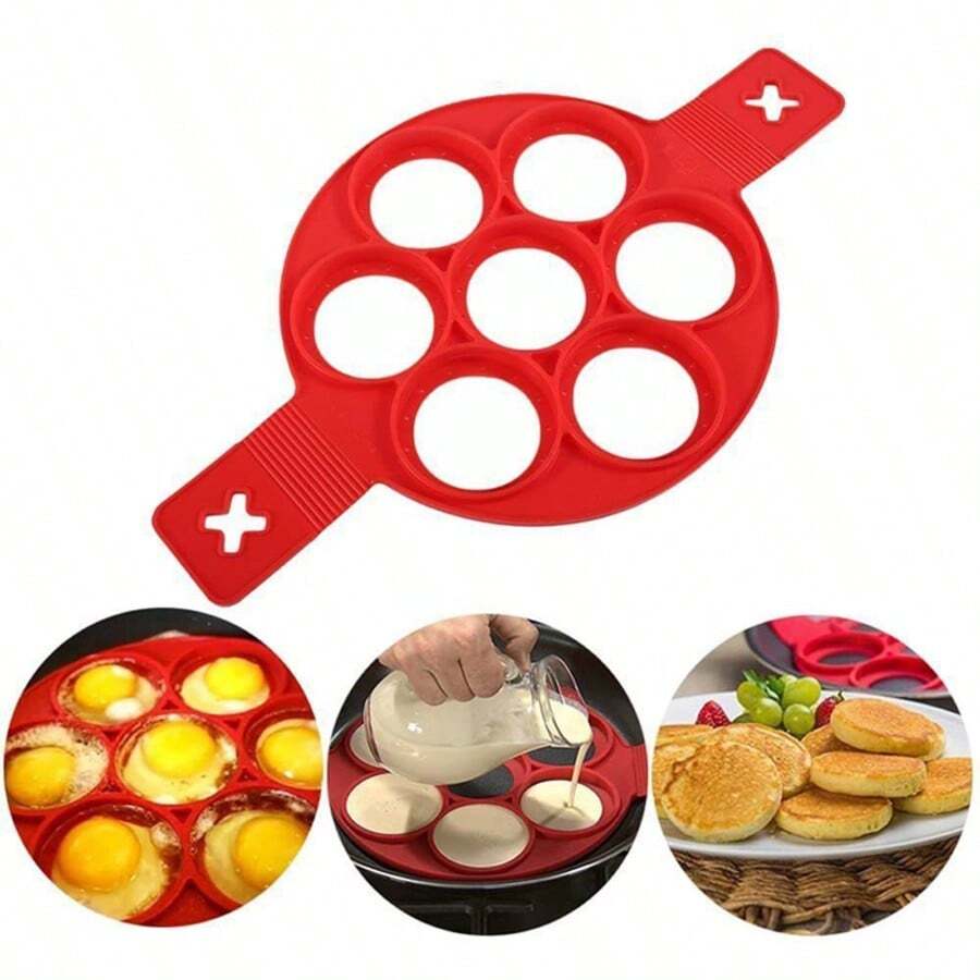 1 Piece Silicone 7-Hole Pancake & Fried Egg Mold - Nonstick, Heat-Resistant Reusable Egg Ring Maker - Red - View 1