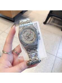 Reloj automático para mujer con función luminosa y brazalete de acero inoxidable – Casual Skeleton, 40 x 12 mm - plato blanco plateado - Ver 4