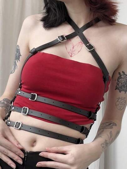 1pc Women's Sexy Black PU Leather Bustier Harness, Gothic Dark Style Waist Belt With Rivet Decor, Suitable For Daily Wear, Halloween Party, Gatherings