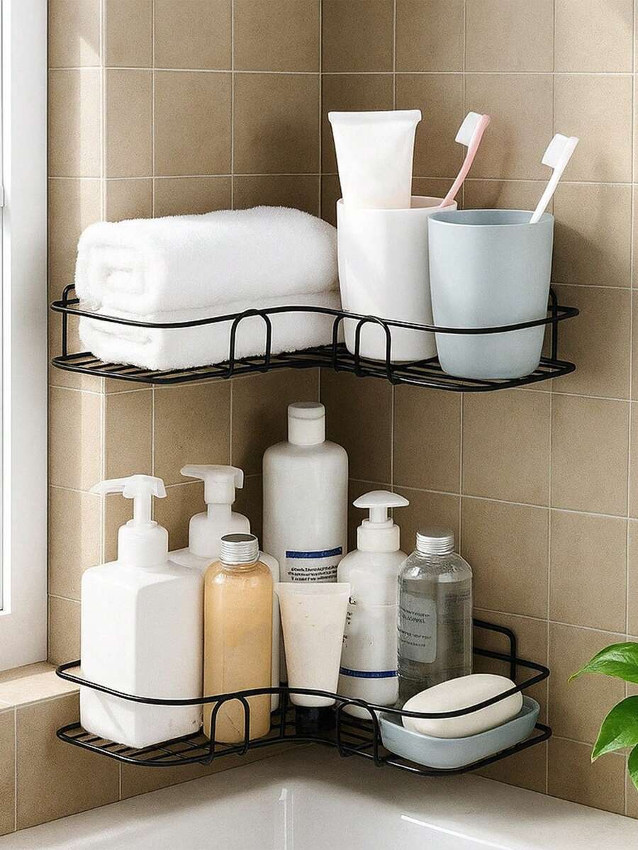1/2pcs Black Wall Mounted Bathroom Shelf, Cosmetic Hanging, Shower Wall Rack, Suitable For Kitchen, Dining Room, Party, Gift For Friends And Family, Christmas Decor, Home Decor