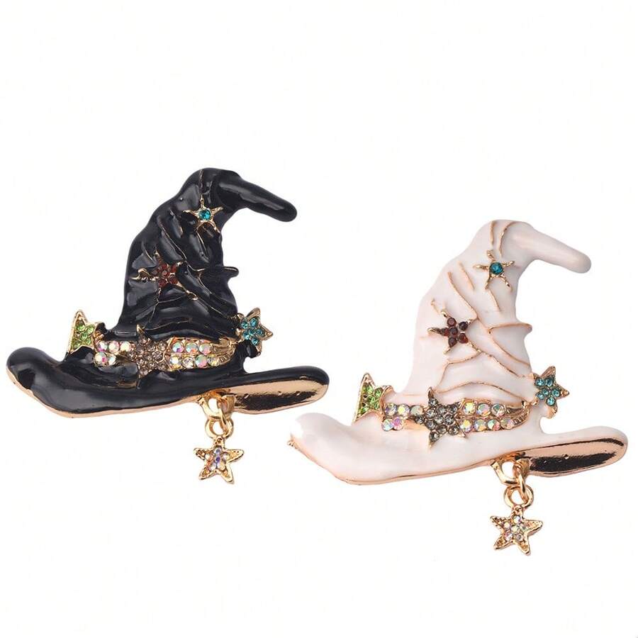 1件装 时尚新款女士胸针 高端精致感万圣节女巫帽合金饰品胸针 个性化镶钻星星魔法帽徽章配饰 - 彩色 - 查看 1